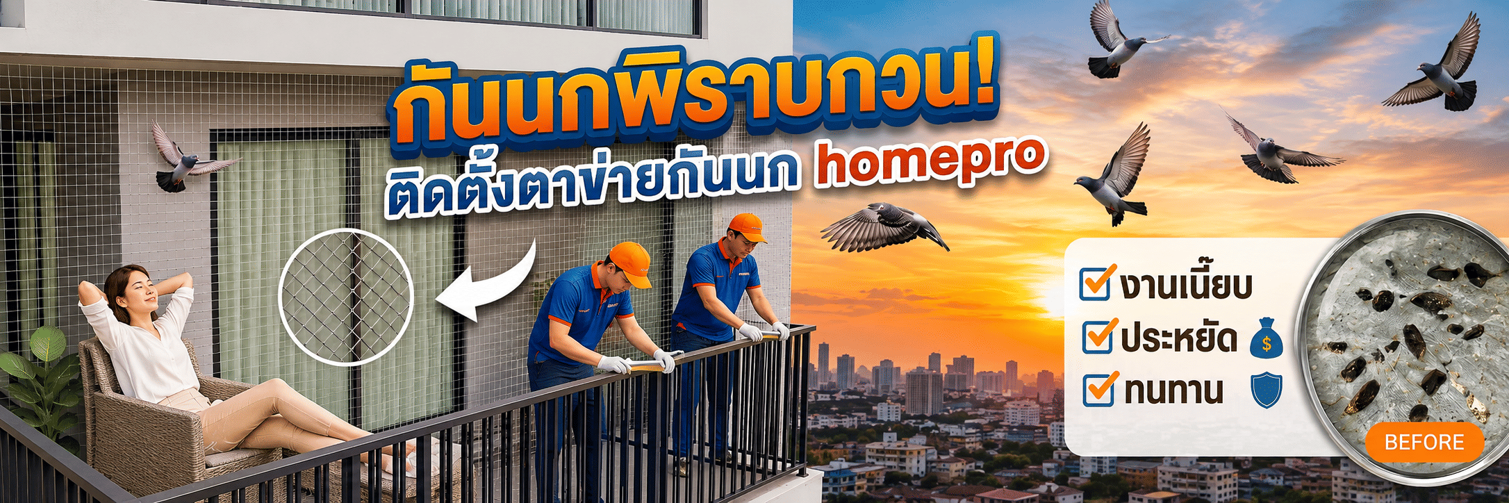 กันนกพิราบถาวร! ติดตาข่ายกันนก HomePro งานเนี๊ยบ จบทุกความสกปรก งบไม่บานปลาย