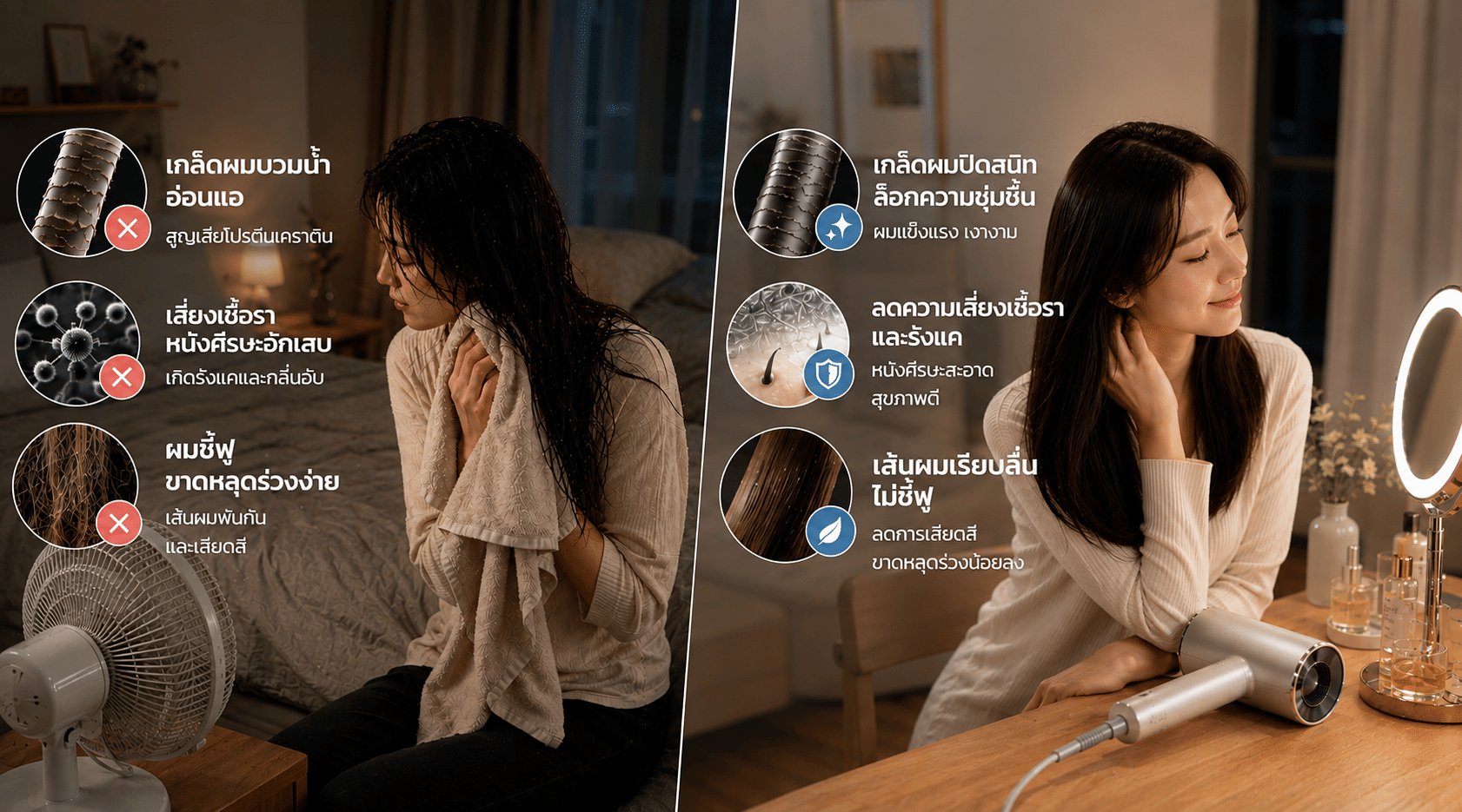 ปล่อยผมแห้งเองหรือใช้พัดลมจ่อ ถึงทำร้ายเส้นผมมากกว่าที่คิด