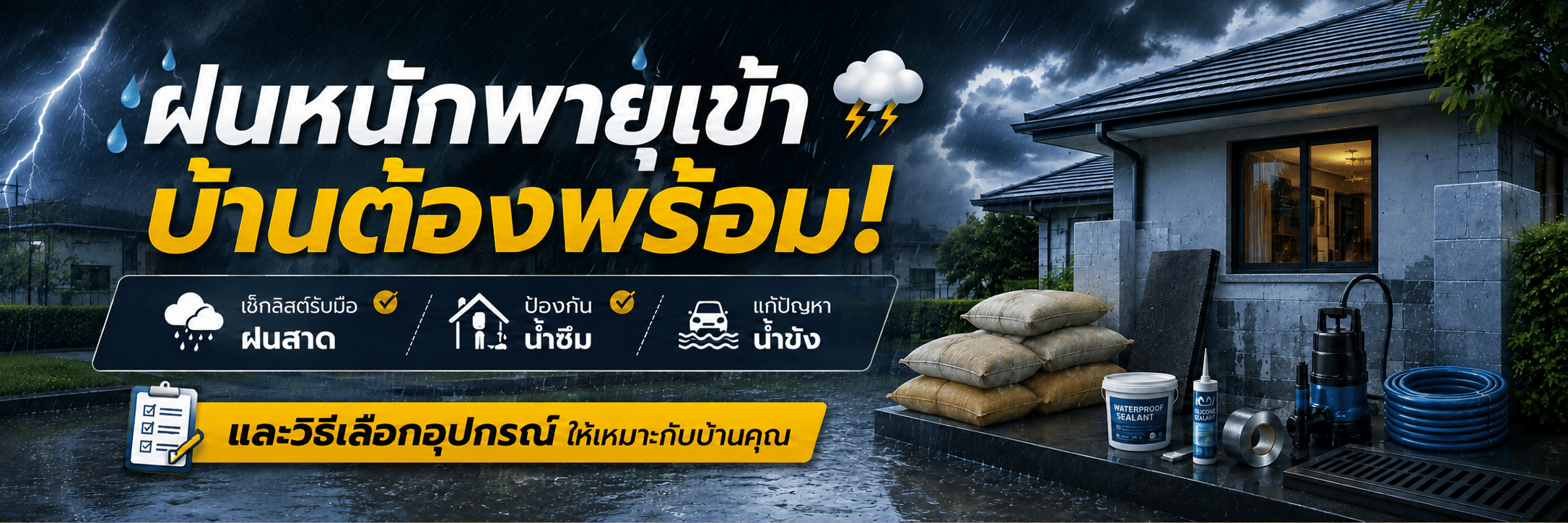 ฝนหนักพายุเข้า บ้านต้องพร้อม! เช็กลิสต์รับมือฝนสาด น้ำซึม น้ำขัง และวิธีเลือกอุปกรณ์ให้เหมาะกับบ้านคุณ