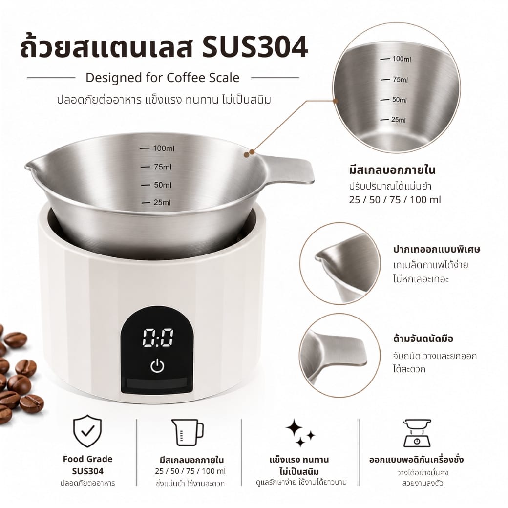 เครื่องชั่งเมล็ดกาแฟดิจิตอล พร้อมถ้วยสแตนเลส  ETZEL ความละเอียด 0.1G สีดำ_2