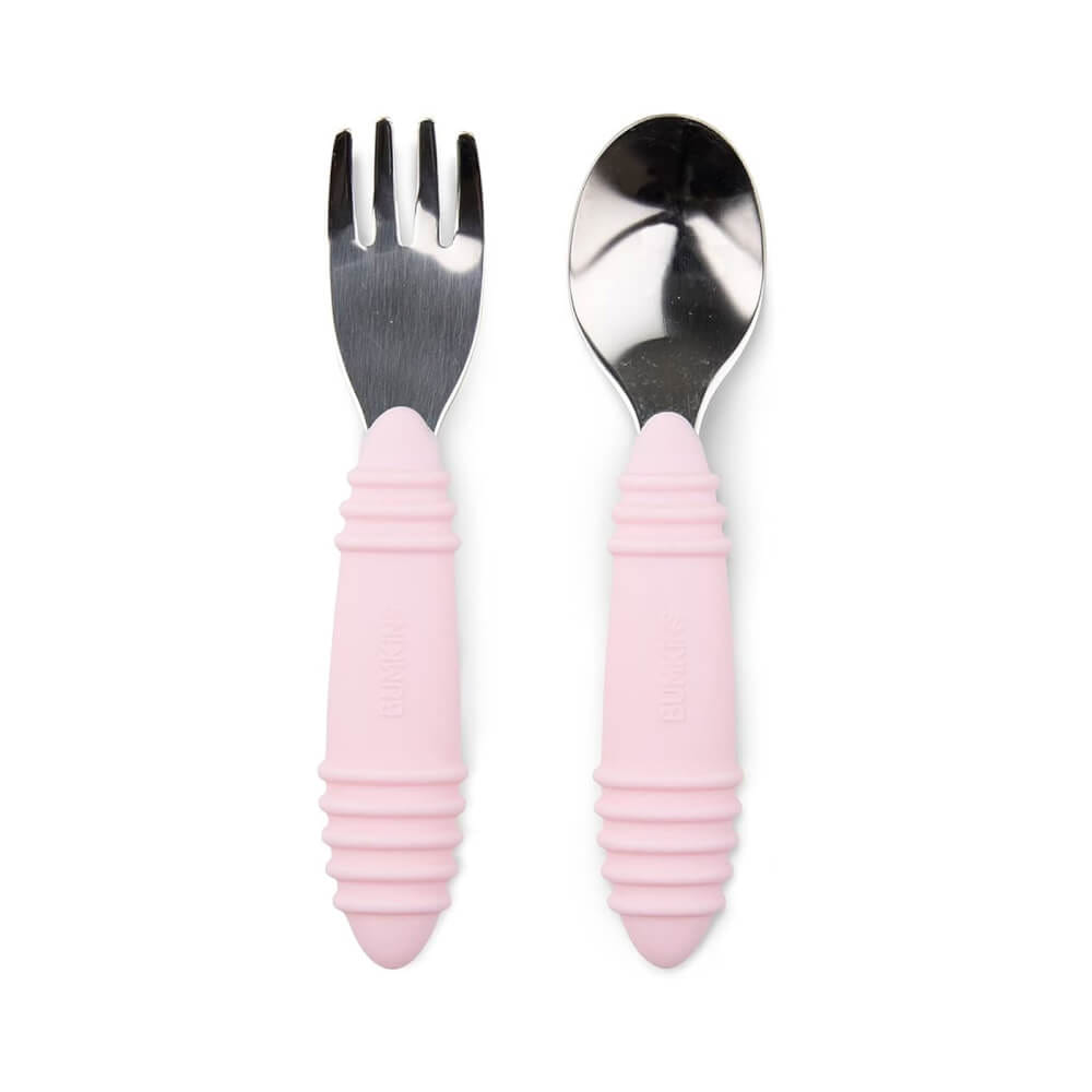 ชุดช้อนส้อมสแตนเลส ด้านจับซิลิโคน 18m+ Bumkins Spoon and Fork Set Pink