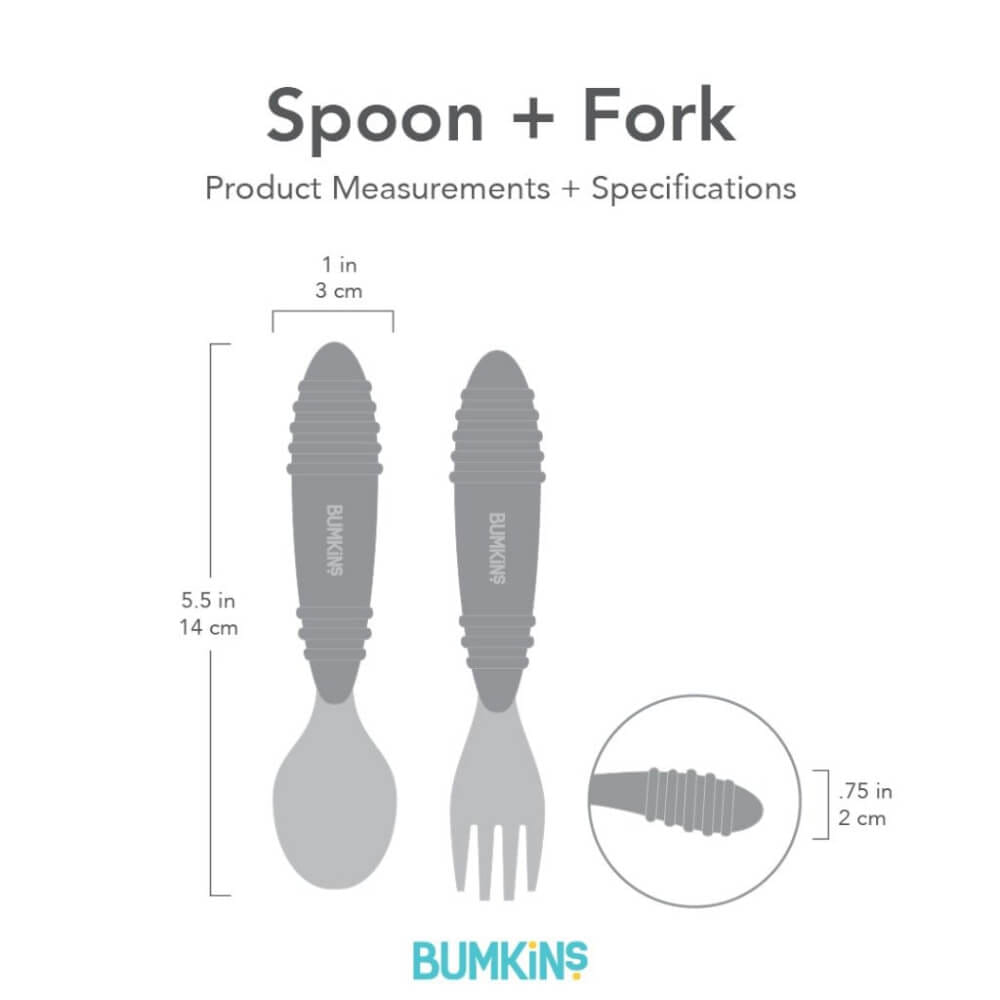 ชุดช้อนส้อมสแตนเลส ด้านจับซิลิโคน 18m+ Bumkins Spoon and Fork Set Pink