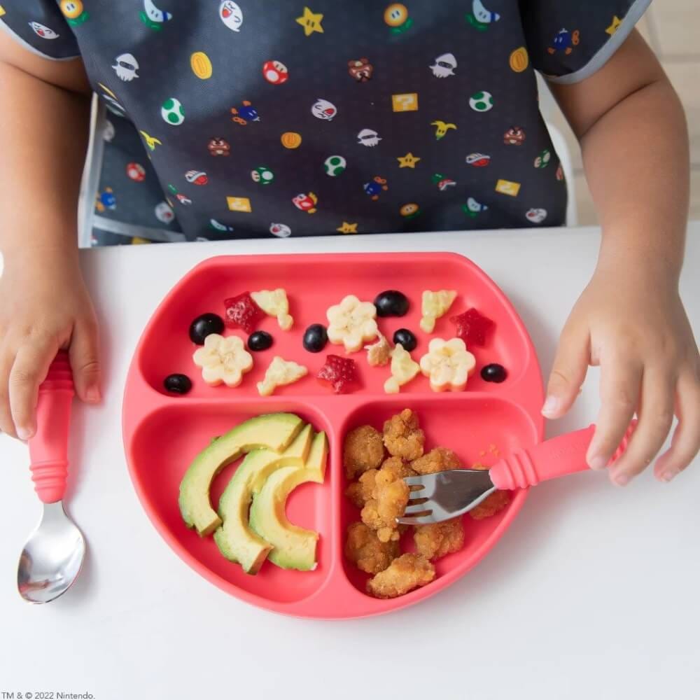 ชุดช้อนส้อมสแตนเลส ด้านจับซิลิโคน 18m+ Bumkins Spoon and Fork Set Pink
