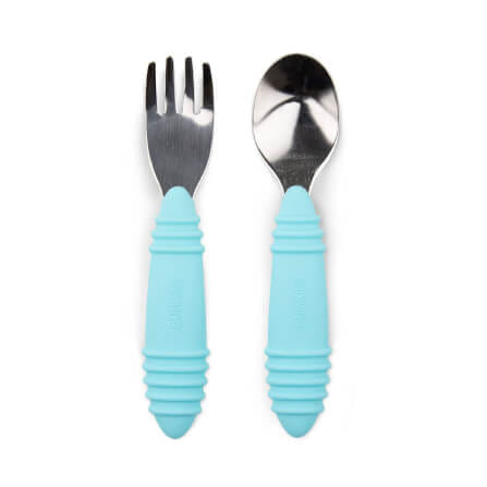 ชุดช้อนส้อมสแตนเลส ด้านจับซิลิโคน 18m+ Bumkins Spoon and Fork Set Blue