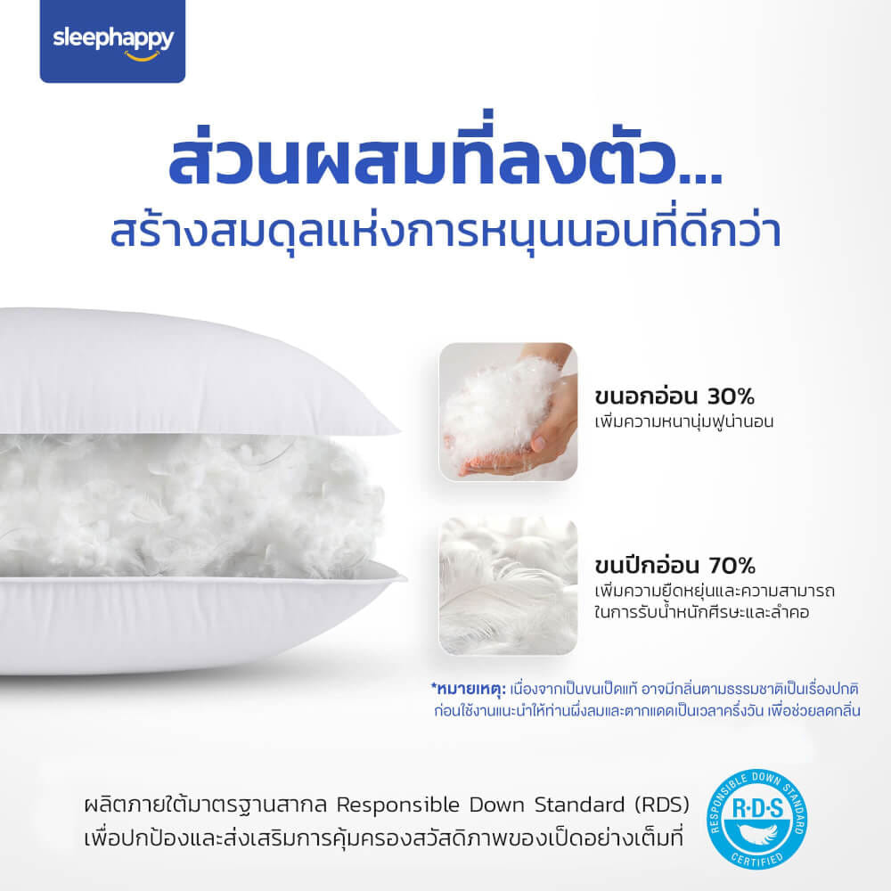 หมอนขนเป็ดแท้ SLEEPHAPPY เกรดโรงแรม 5 ดาว ขนาด 1300 กรัม_3