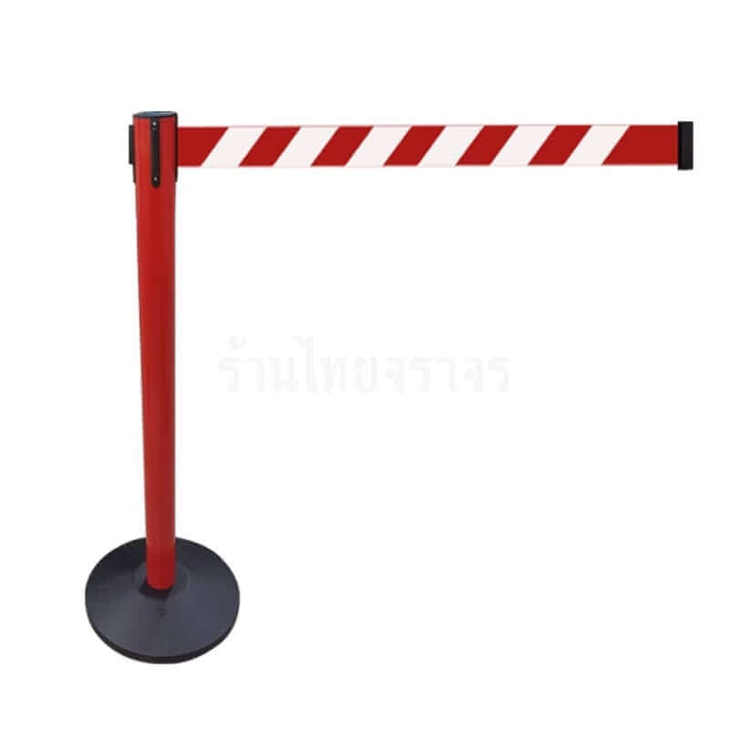 เสากั้นทางเดินเหล็ก ไทยจราจร ชนิดสายดึงกลับอัตโนมัติ  ความสูง 102 CM. ความยาวเชือก 3 เมตร สีแดง-ขาว (ราคาต่อต้น)