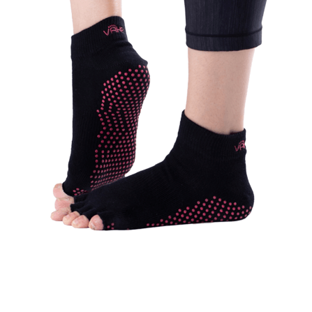 ถุงเท้ากันลื่นเปิดนิ้ว Vaken รุ่น Grip Socks Half Toe ไซส์ M/L สีดำดอทชมพู_0