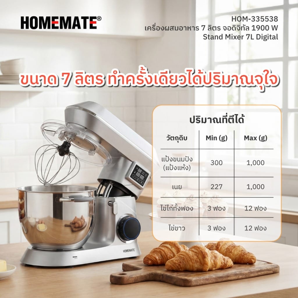 เครื่องผสมอาหาร หน้าจอดิจิทัล HOMEMATE (HOM-335538) 7 ลิตร สีเงิน_5