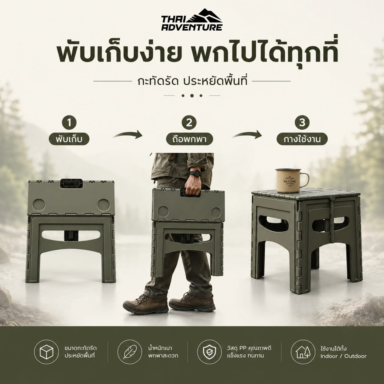 โต๊ะพับแคมป์ปิ้ง THAI ADVENTURE รุ่น FOLDING TABLE (B)  45*46*55 ซม. สีเขียว_3