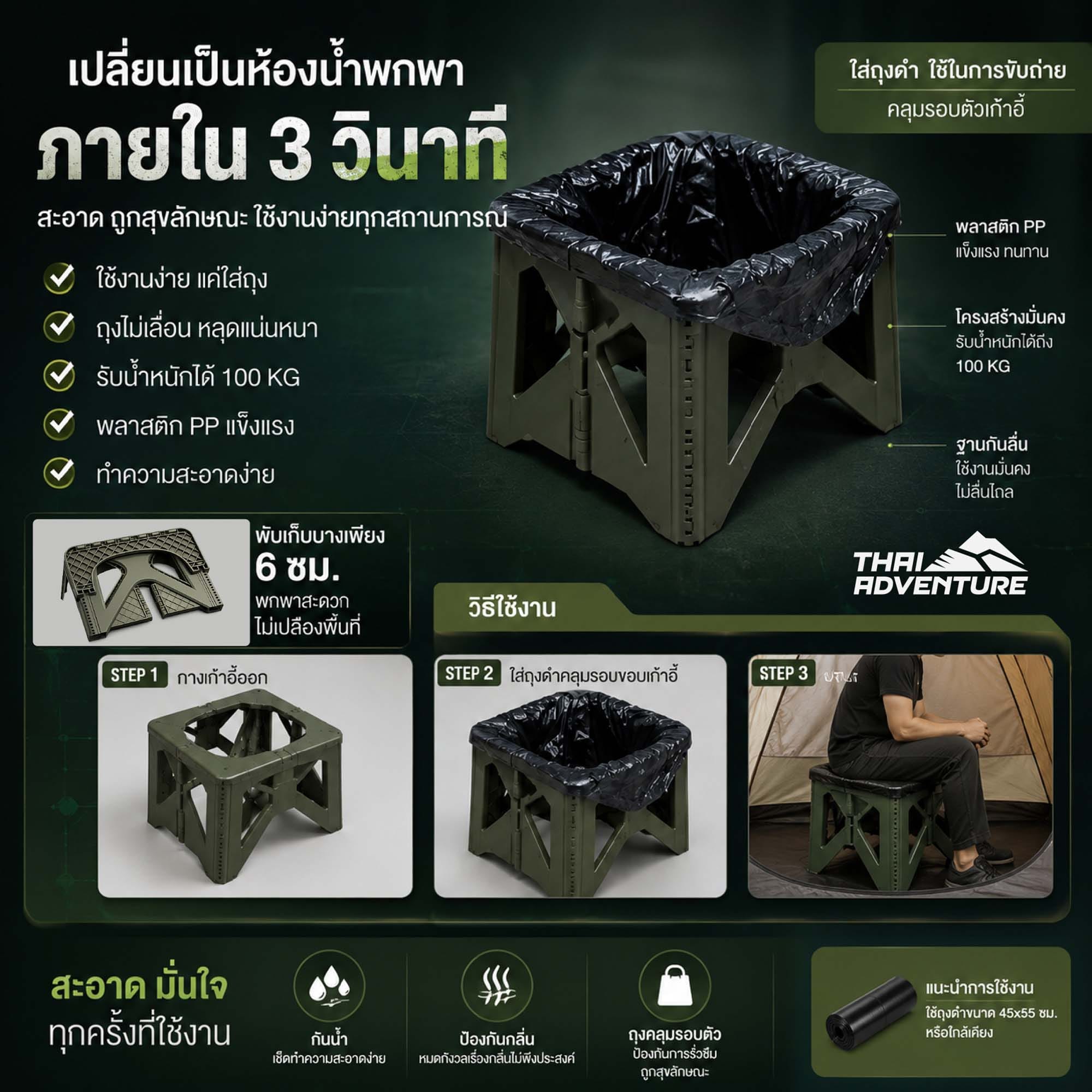 เก้าอี้อเนกประสงค์พกพาพร้อมฝาปิด THAI ADVENTURE รุ่น FODY CAMP PLUS 2IN1 สีเขียว_2