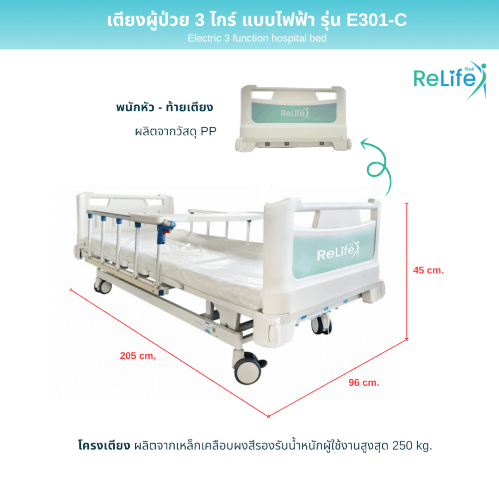 เตียงผู้ป่วยไฟฟ้า RELIFE รุ่น E301-C 3 ไกร์ ราวสไลด์_3