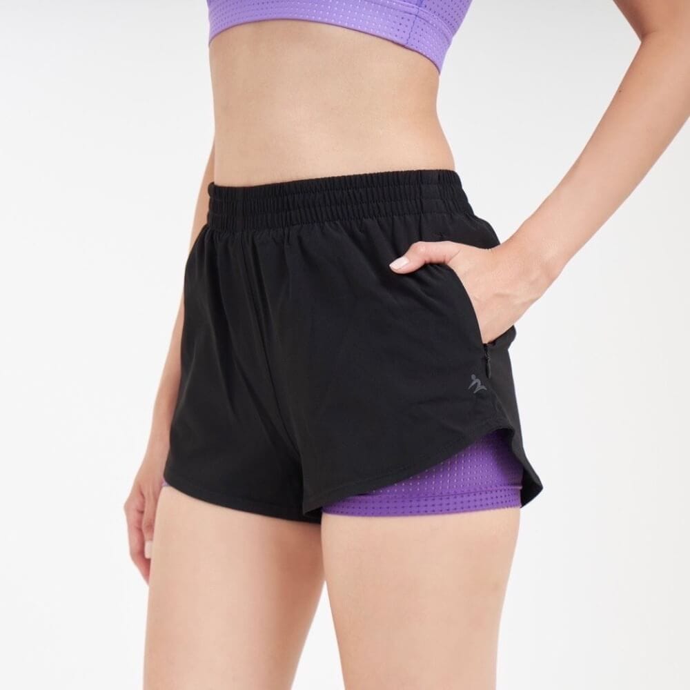 กางเกงขาสั้นมีซับใน D&P Sport DP-3255 ไซส์ M สีดำ/ม่วง