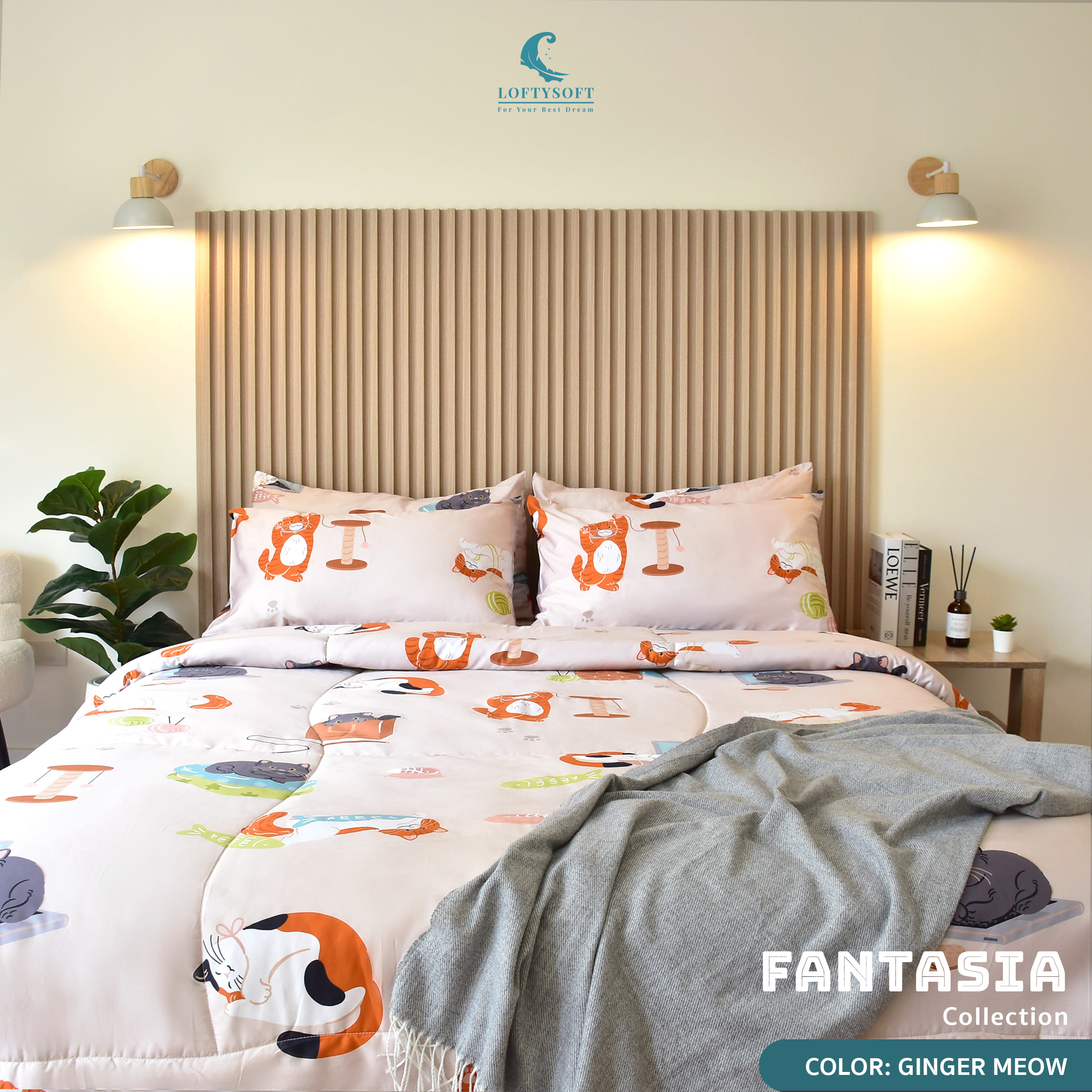 ชุดผ้าปูที่นอน 6 ฟุต 7 ชิ้น LOFTYSOFT FANTASIA COLLECTION - GINGER MEOW SET D_1