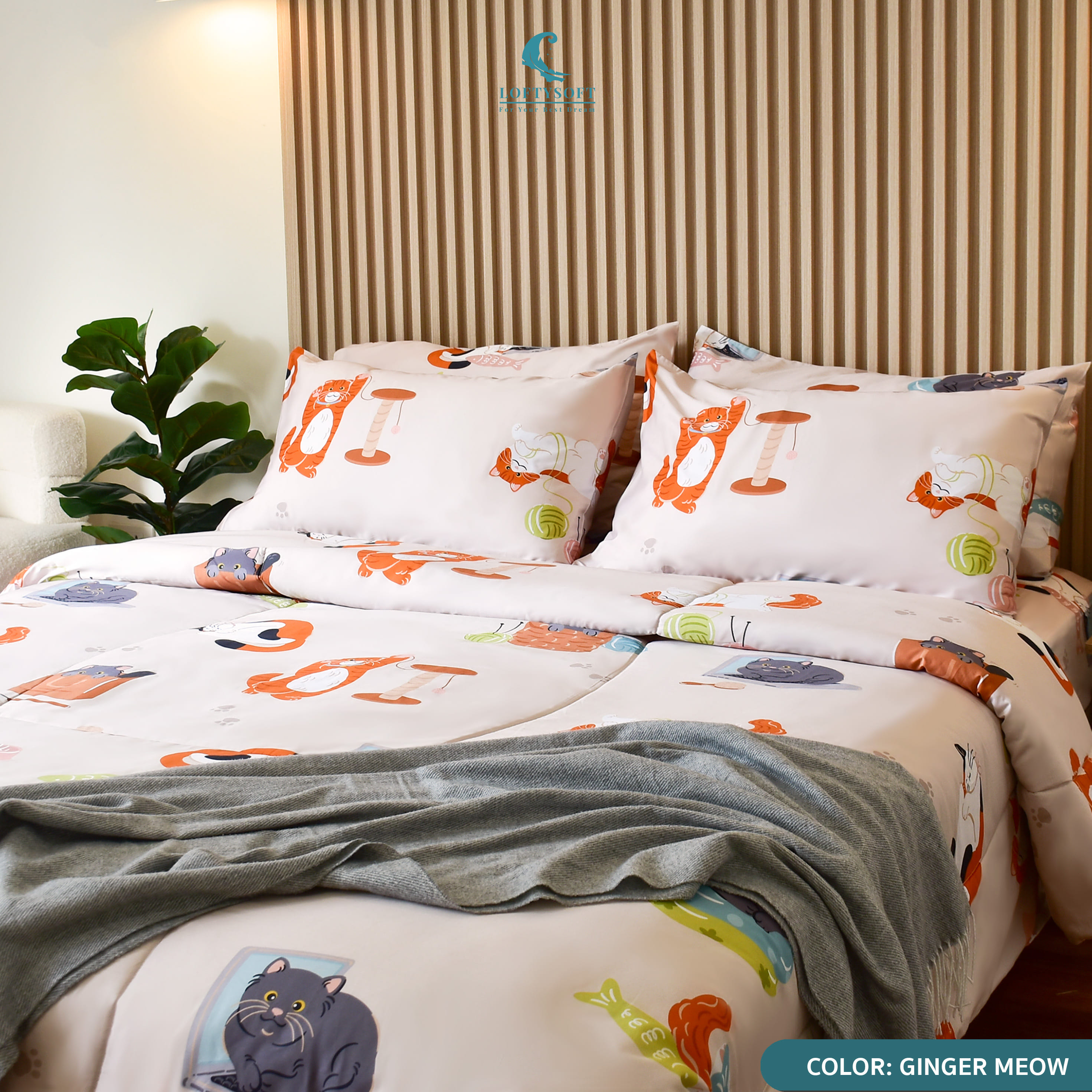 ชุดผ้าปูที่นอน 3.5 ฟุต 5 ชิ้น LOFTYSOFT FANTASIA COLLECTION - GINGER MEOW SET D_1