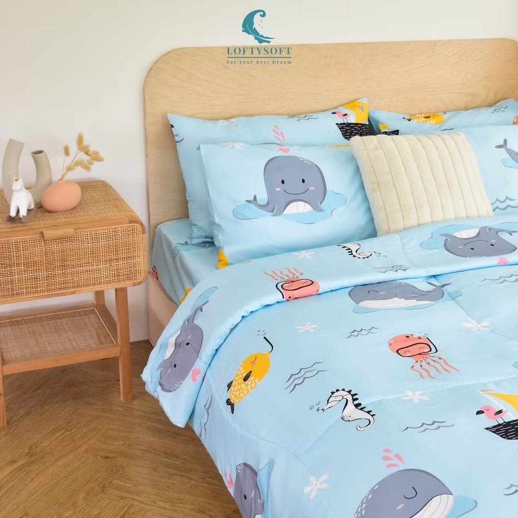 ชุดผ้าปูที่นอน 6 ฟุต 3 ชิ้น LOFTYSOFT FANTASIA COLLECTION - WHALEY BLUE SET A_2