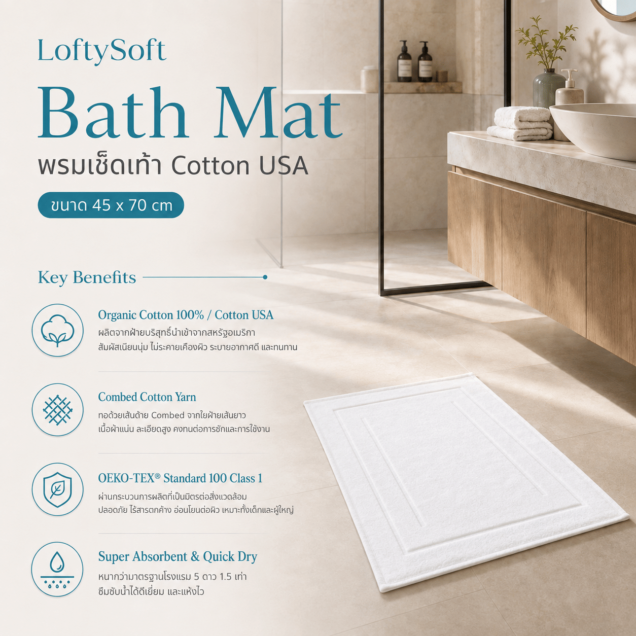 ผ้าขนหนูเช็ดเท้า LOFTYSOFT 18X28นิ้ว สีขาว_3