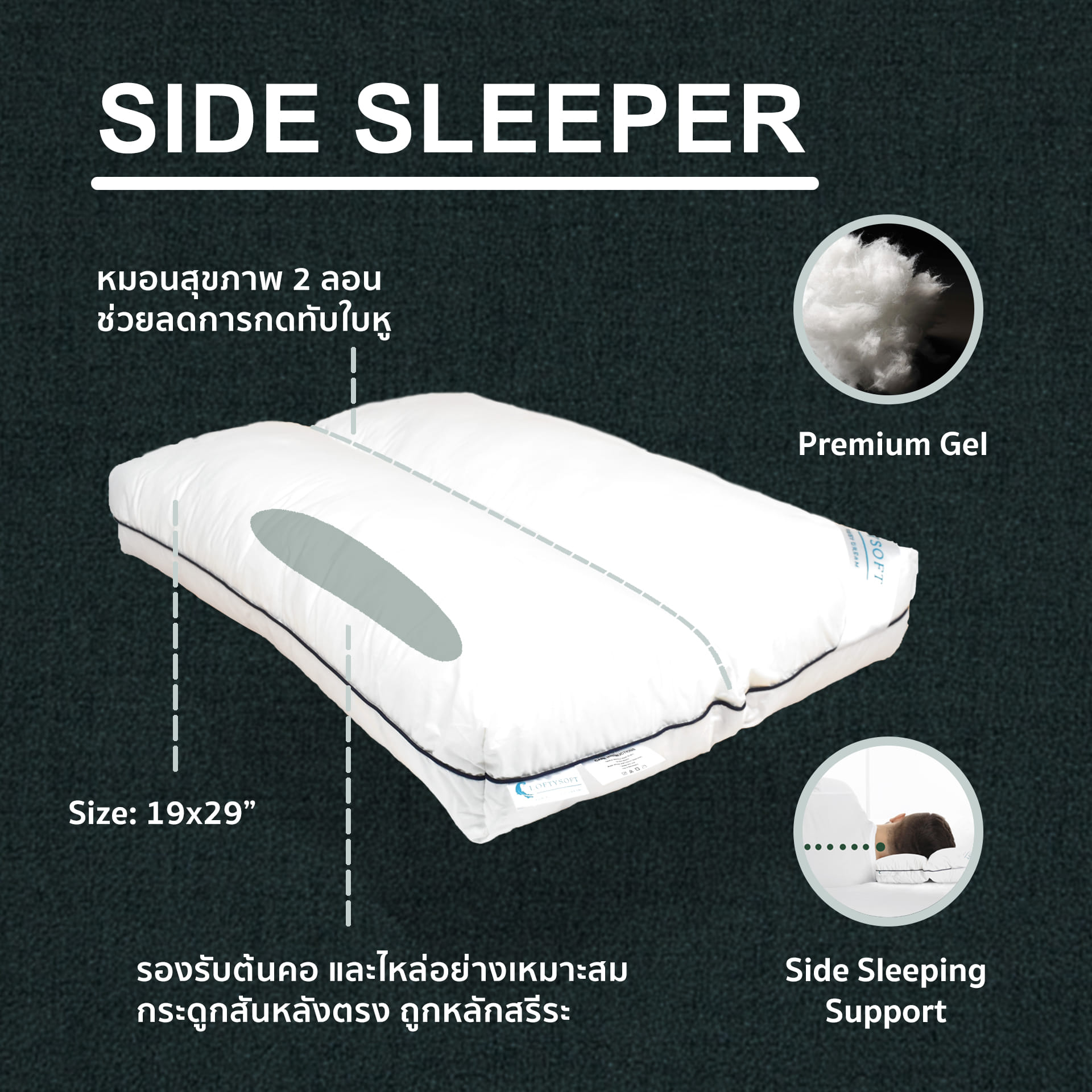 หมอนสุขภาพ หมอนคอนทัวร์ LOFTYSOFT - DELUXE CONTOUR รุ่น SIDE SLEEPER สำหรับคนชอบนอนตะแคง_4