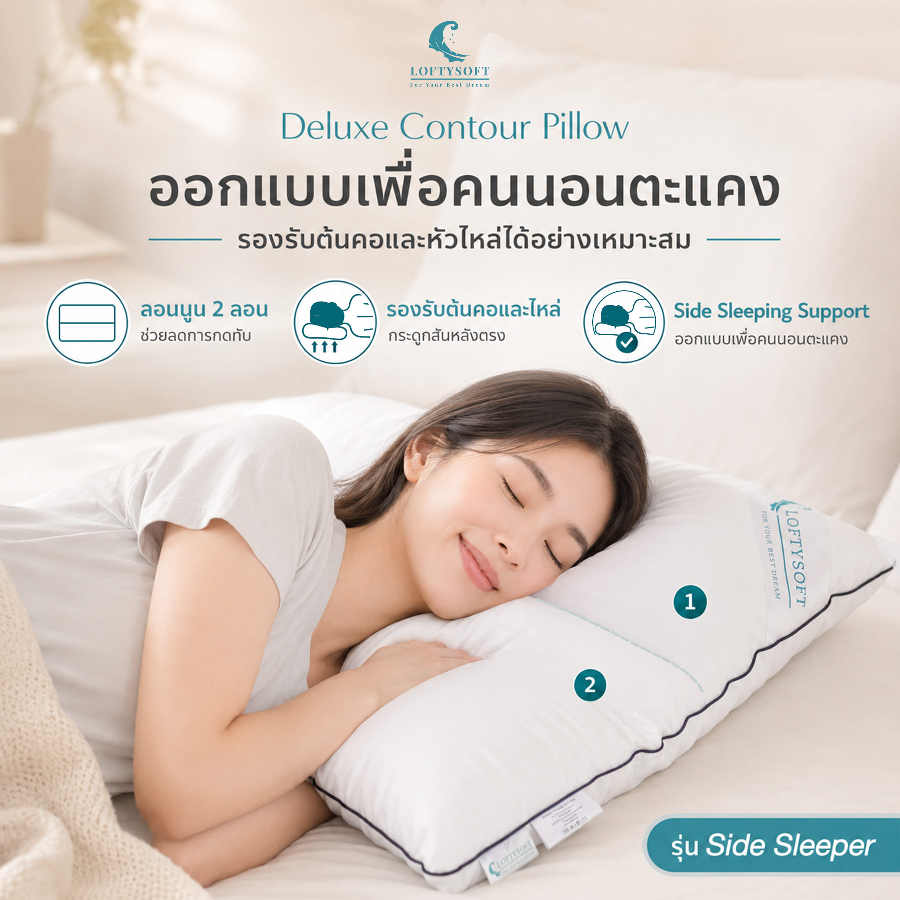 หมอนสุขภาพ หมอนคอนทัวร์ LOFTYSOFT - DELUXE CONTOUR รุ่น SIDE SLEEPER สำหรับคนชอบนอนตะแคง_5