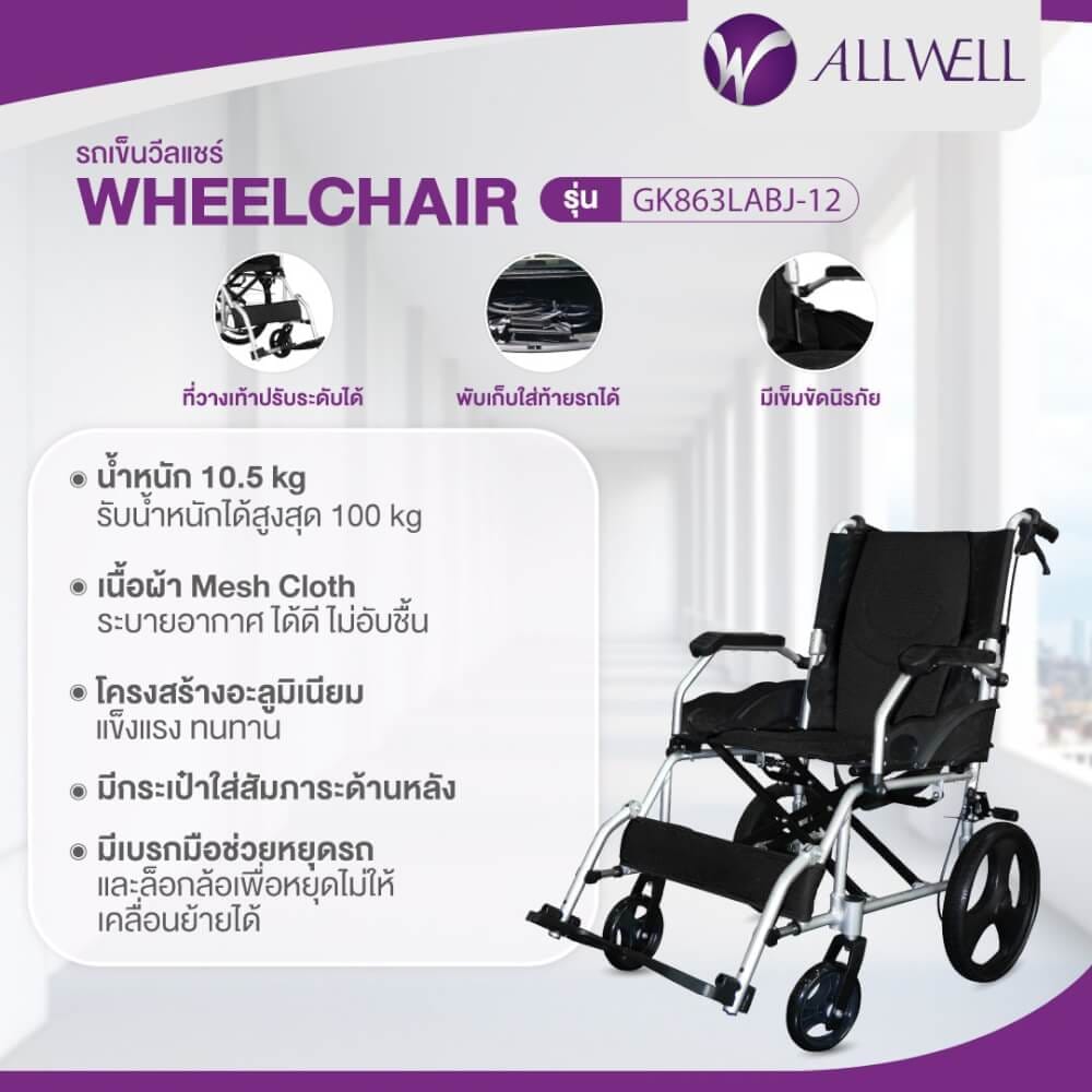 รถเข็นวีลแชร์ เกรดเครื่องมือแพทย์ ALLWELL ล้อ 12 นิ้ว สีดำ พับได้_1