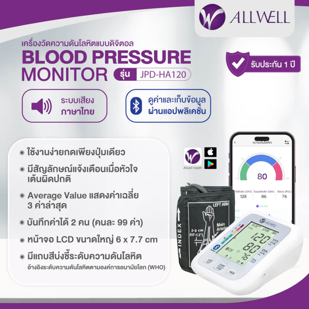 เครื่องวัดความดัน ALLWELL เชื่อมต่อมือถือ ระบบเสียงพูดภาษาไทย รุ่น JPD-HA120 สีขาว_1