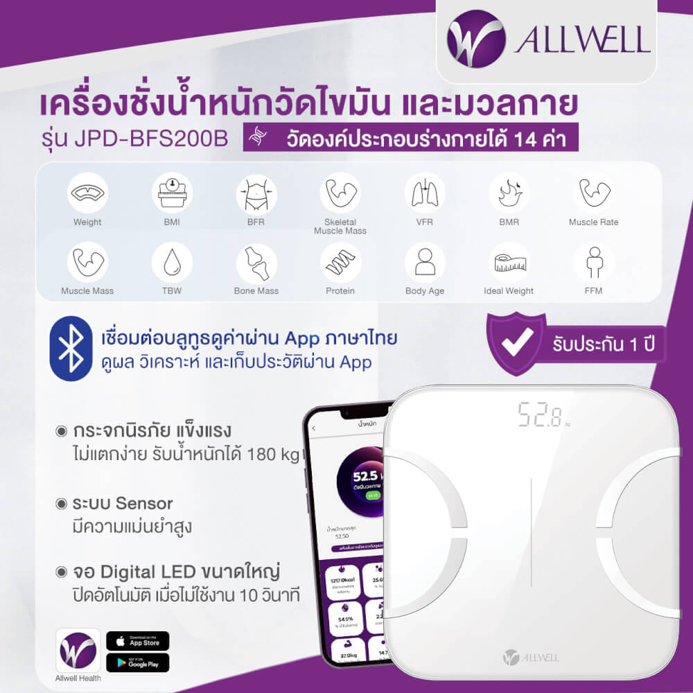 เครื่องชั่งน้ำหนัก เชื่อมมือถือได้ วัดองค์ประกอบได้ 8 ค่า ALLWELL JPD-BFS200B สีขาว_2