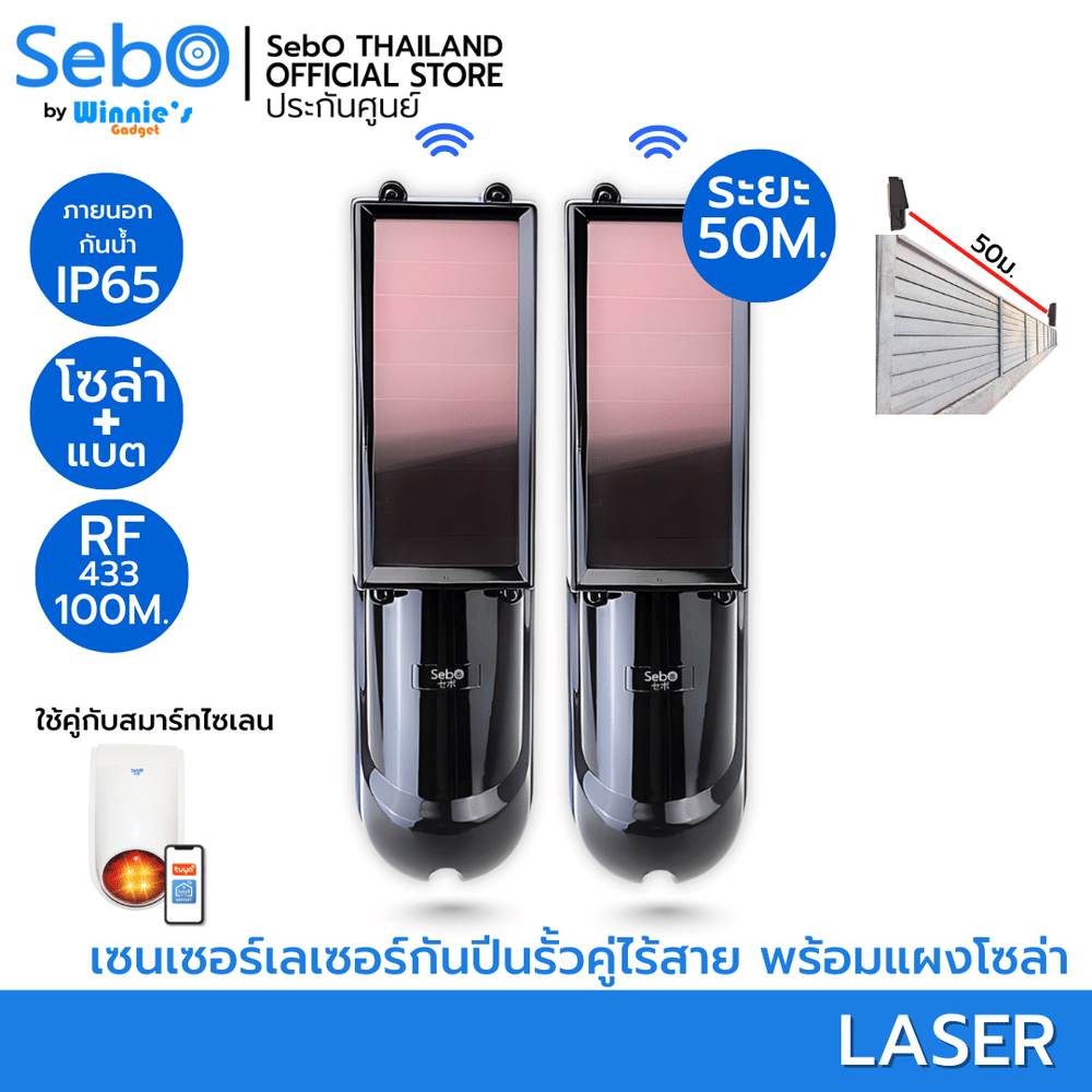 เลเซอร์กันขโมย ไร้สายพร้อมแบตเตอรี่ SebO รุ่น LASER สำหรับประตูรั้ว (สินค้าไม่รวมติดตั้ง)