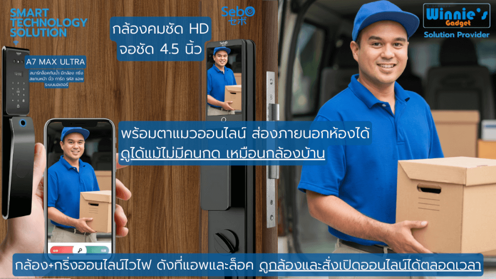 สมาร์ทล็อคประตูดิจิตอลกันฝน SebO JIDOOR A7 MAX ULTRA  IP65 พร้อมกล้องและกริ่ง สำหรับประตูดึงผลัก_4