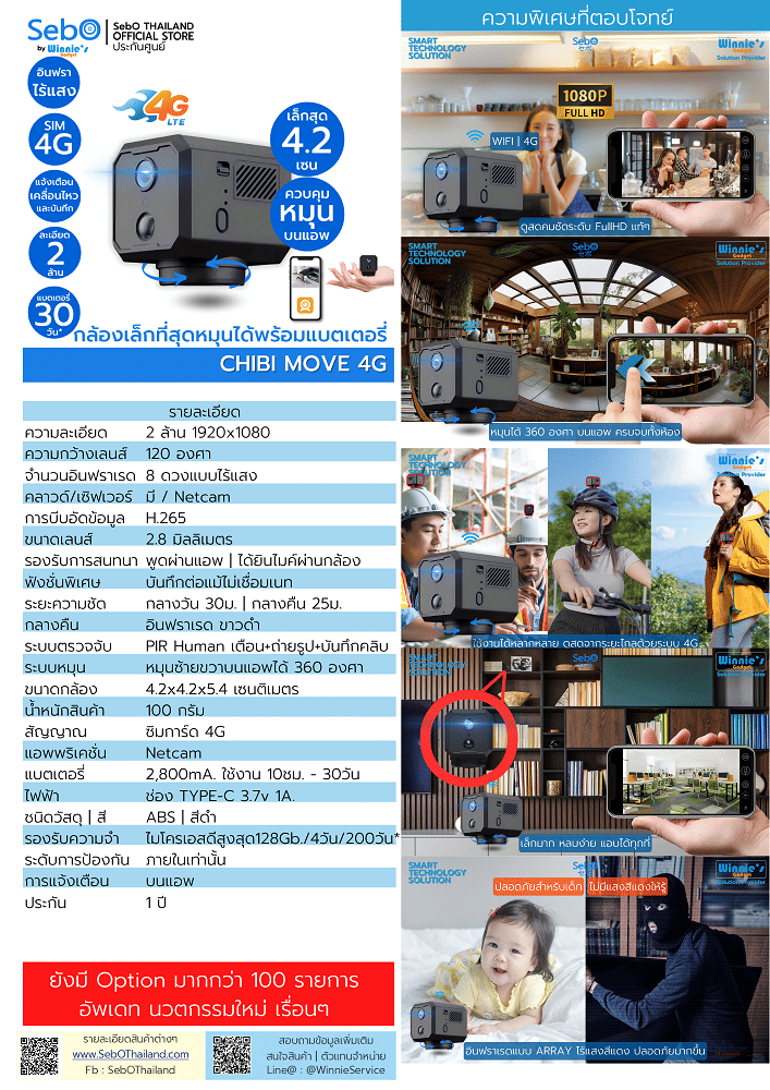 กล้องวงจรปิด ขนาดเล็ก SebO CHIBI MOVE 4G  Full HD ขนาด 4.2 cm (อินฟราเรดไร้แสง)