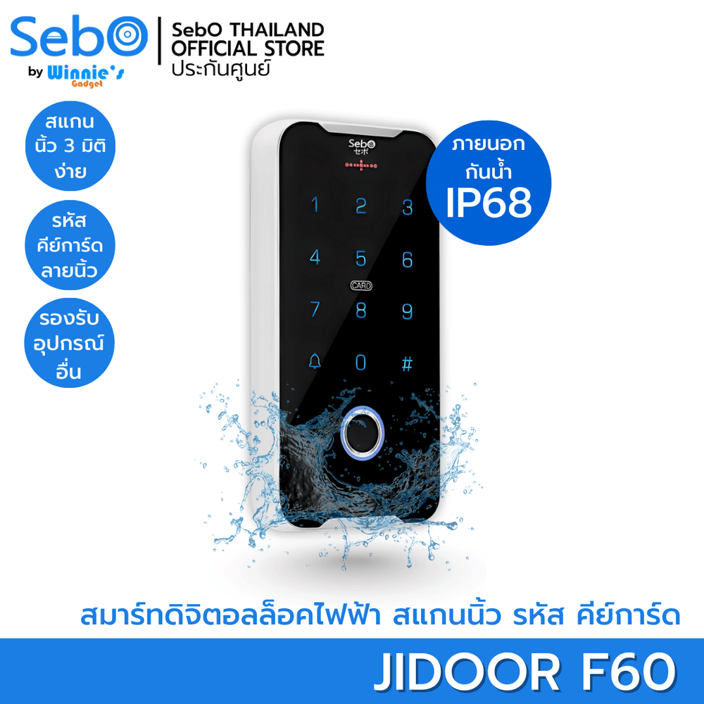 กลอนประตูสมาร์ทดิจิตอลล็อค SebO JIDOOR F60 ระบบสแกนนิ้วกันฝน IP65