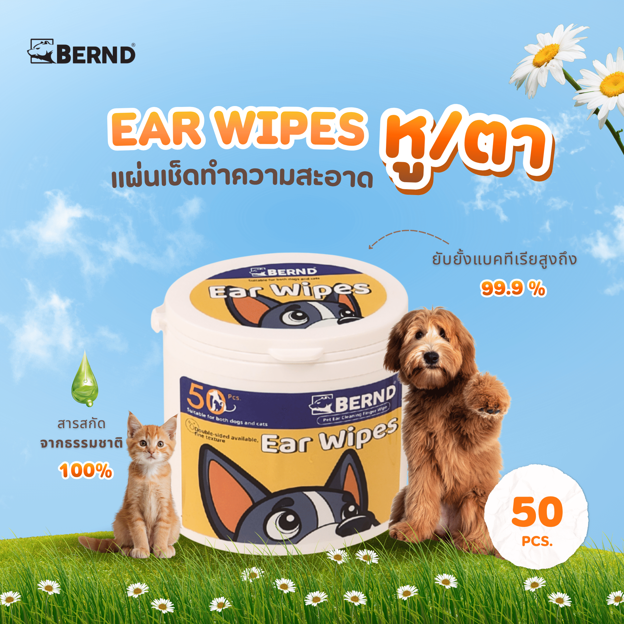 แผ่นเช็ดทำความสะอาดหูและตา สำหรับสัตว์เลี้ยง BERND 50 ชิ้น_1
