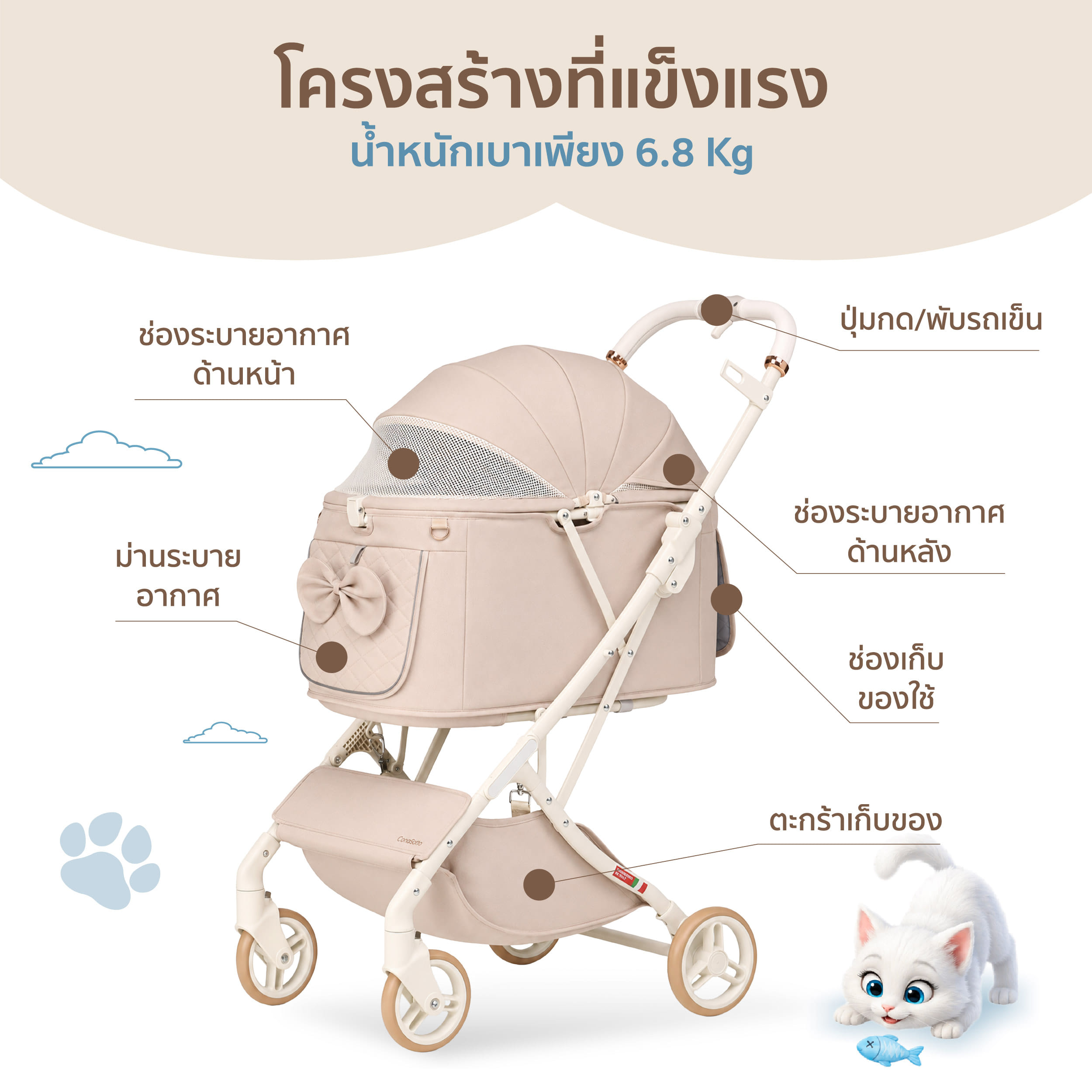 รถเข็นสัตว์เลี้ยง พับอัตโนมัติ CANEGATTO รุ่น CARA - SAND BEIGE_3