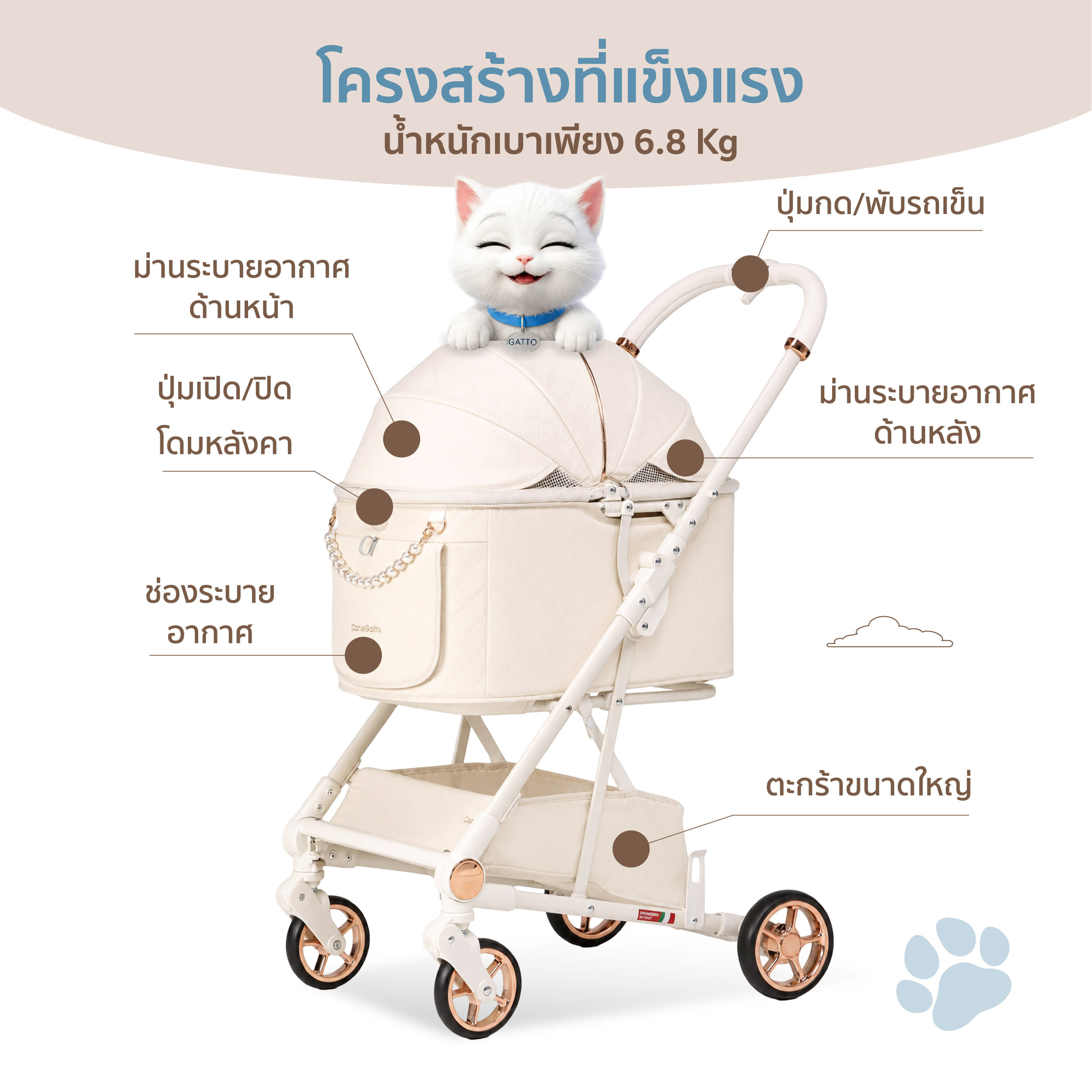 รถเข็นสัตว์เลี้ยง พับอัตโนมัติ CANEGATTO รุ่น MARTHA - PU IVORY_3