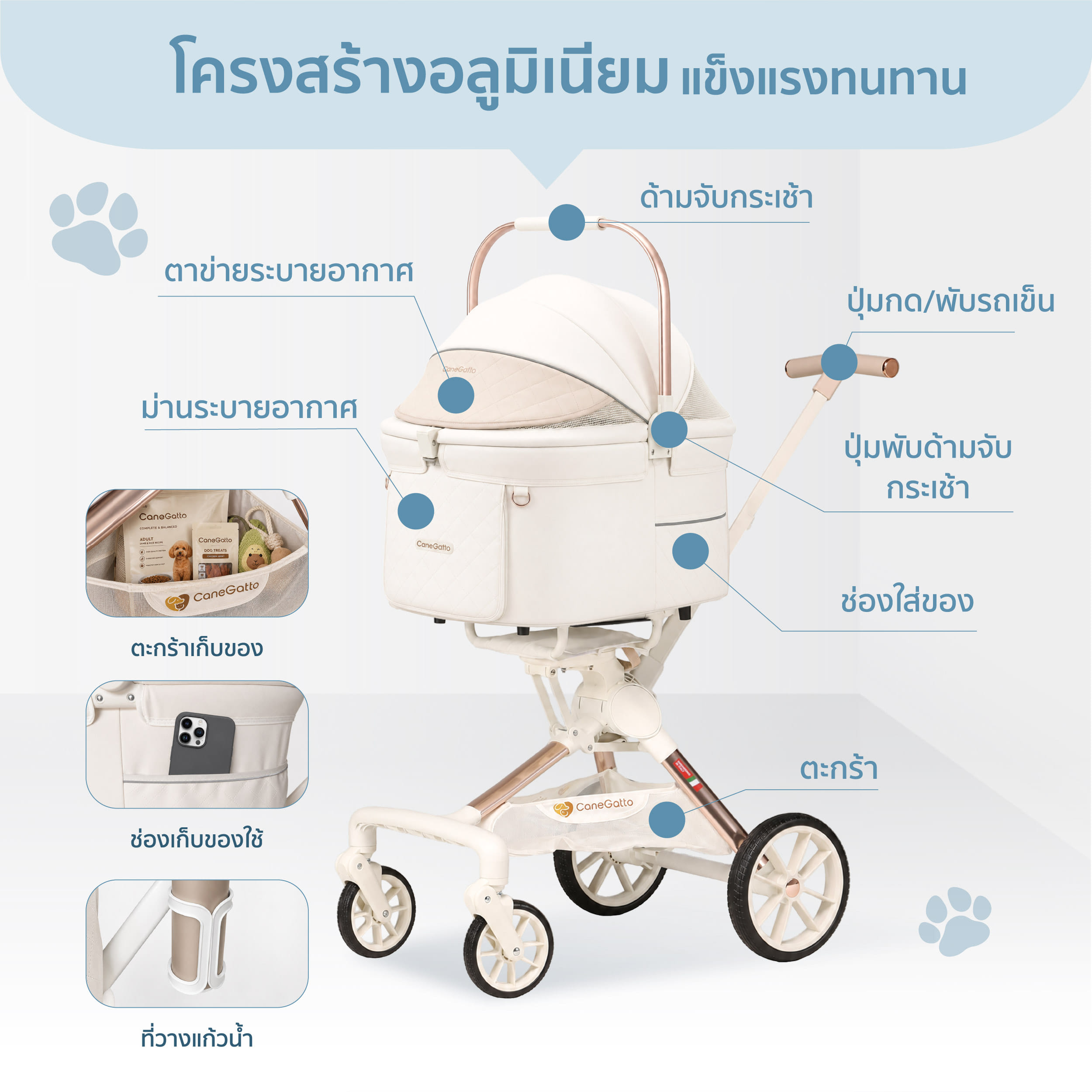 รถเข็นสัตว์เลี้ยง 4 IN1 CANEGATTO รุ่น DARIA(ถอดตะกร้าได้)_4
