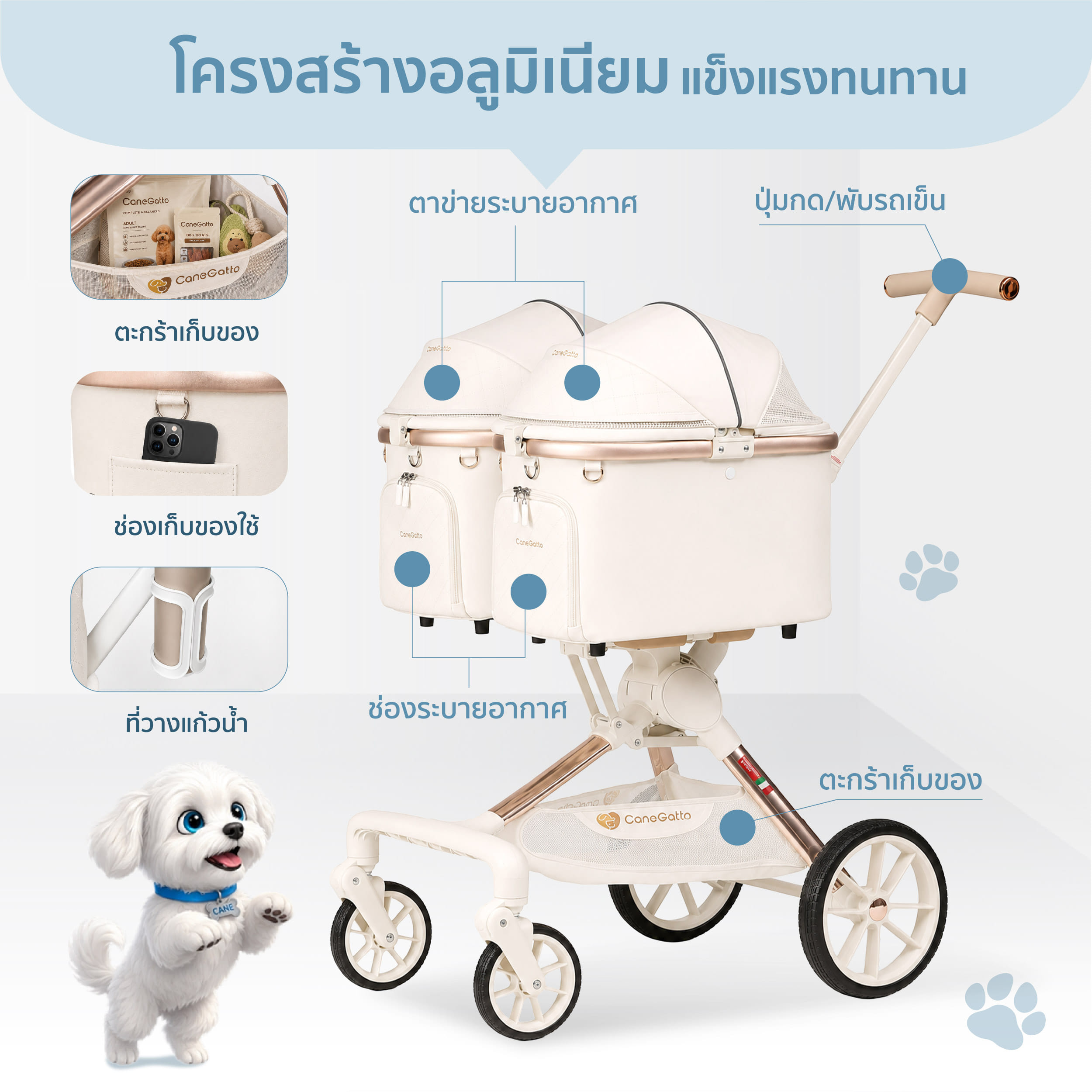 รถเข็นสัตว์เลี้ยง CANEGATTO รุ่น DARIA TWIN (รถแฝดถอดตะกร้าได้)_4