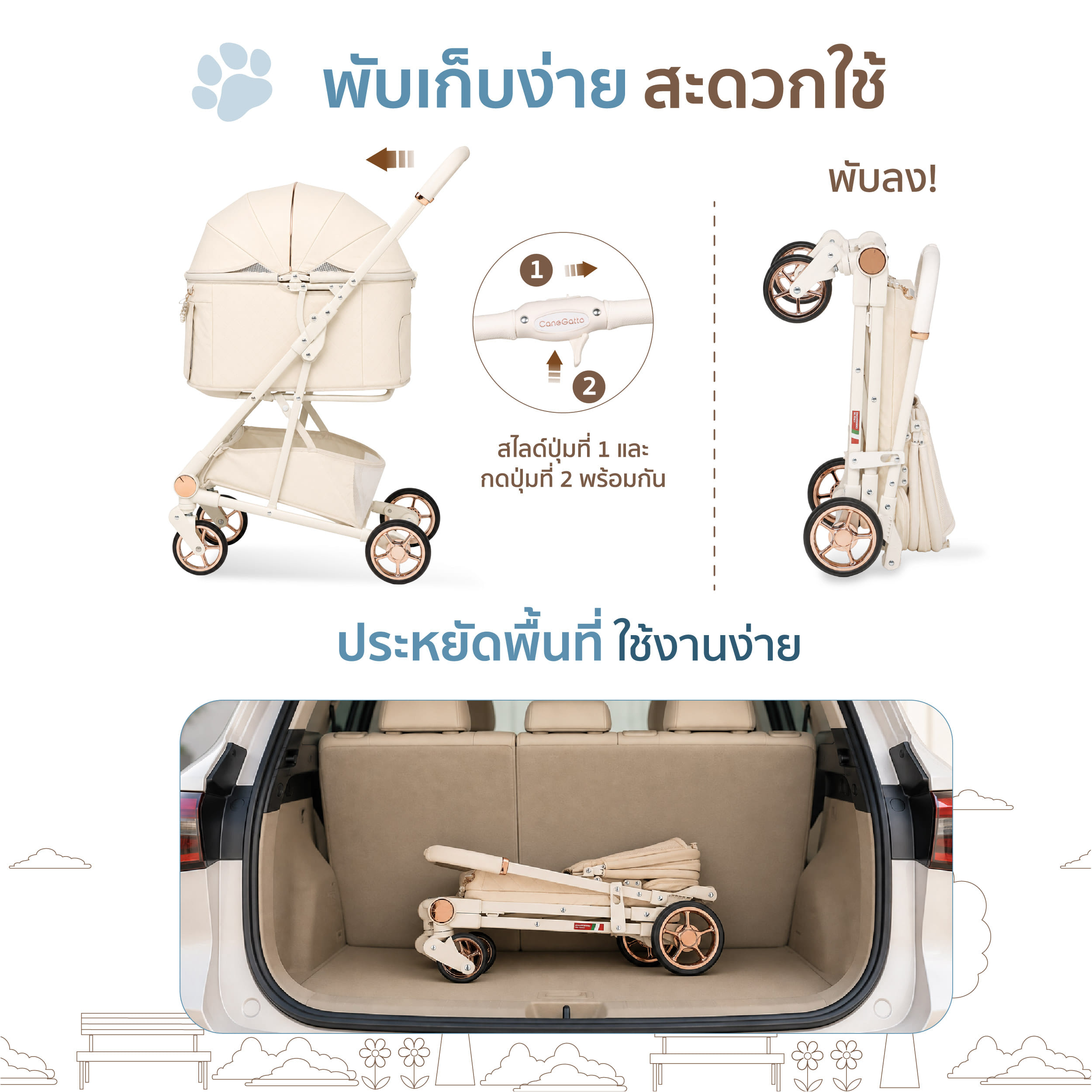 รถเข็นสัตว์เลี้ยง พับอัตโนมัติ CANEGATTO รุ่น MARTHA - BEIGE FABRIC_6