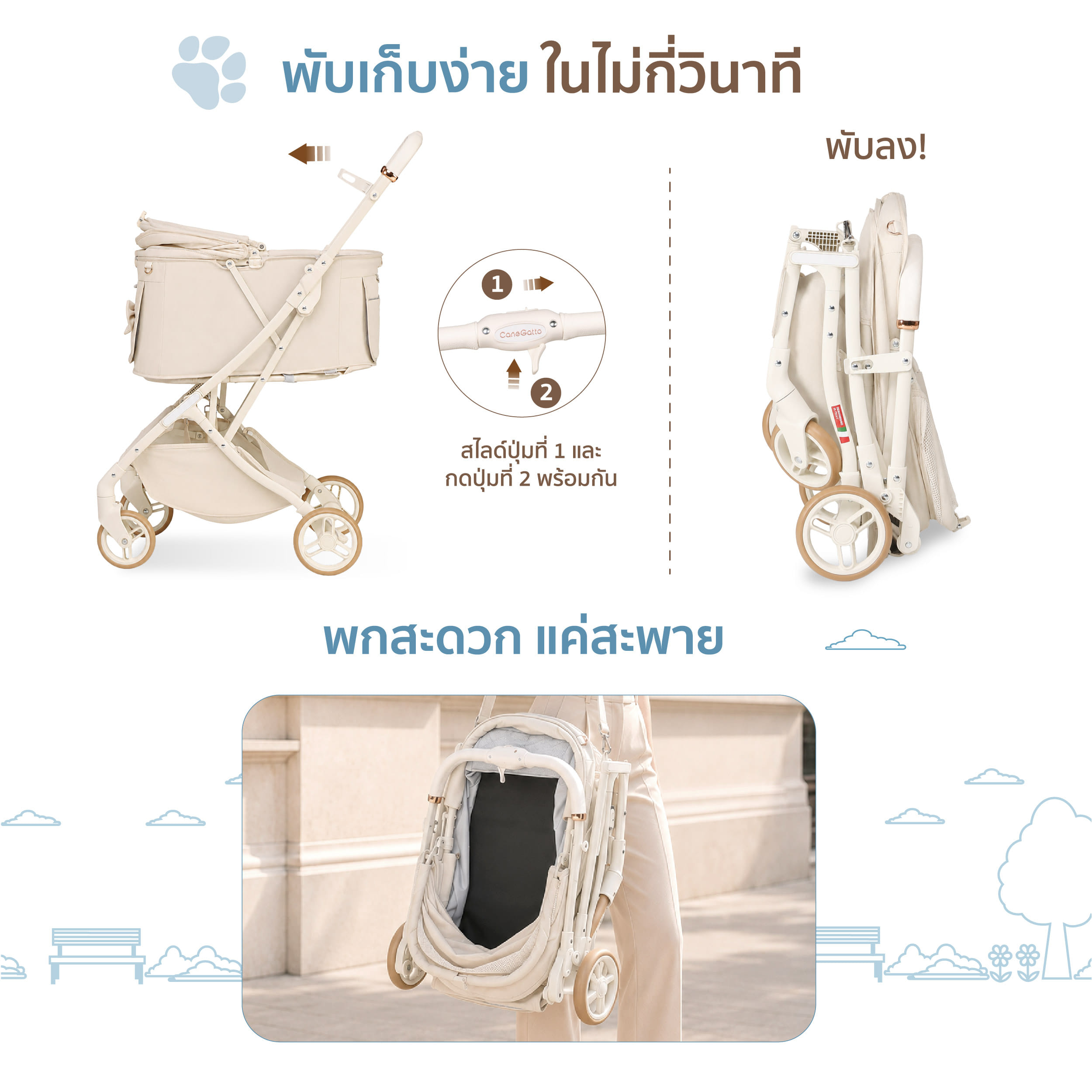 รถเข็นสัตว์เลี้ยง พับอัตโนมัติ CANEGATTO รุ่น CARA - SAND BEIGE_7