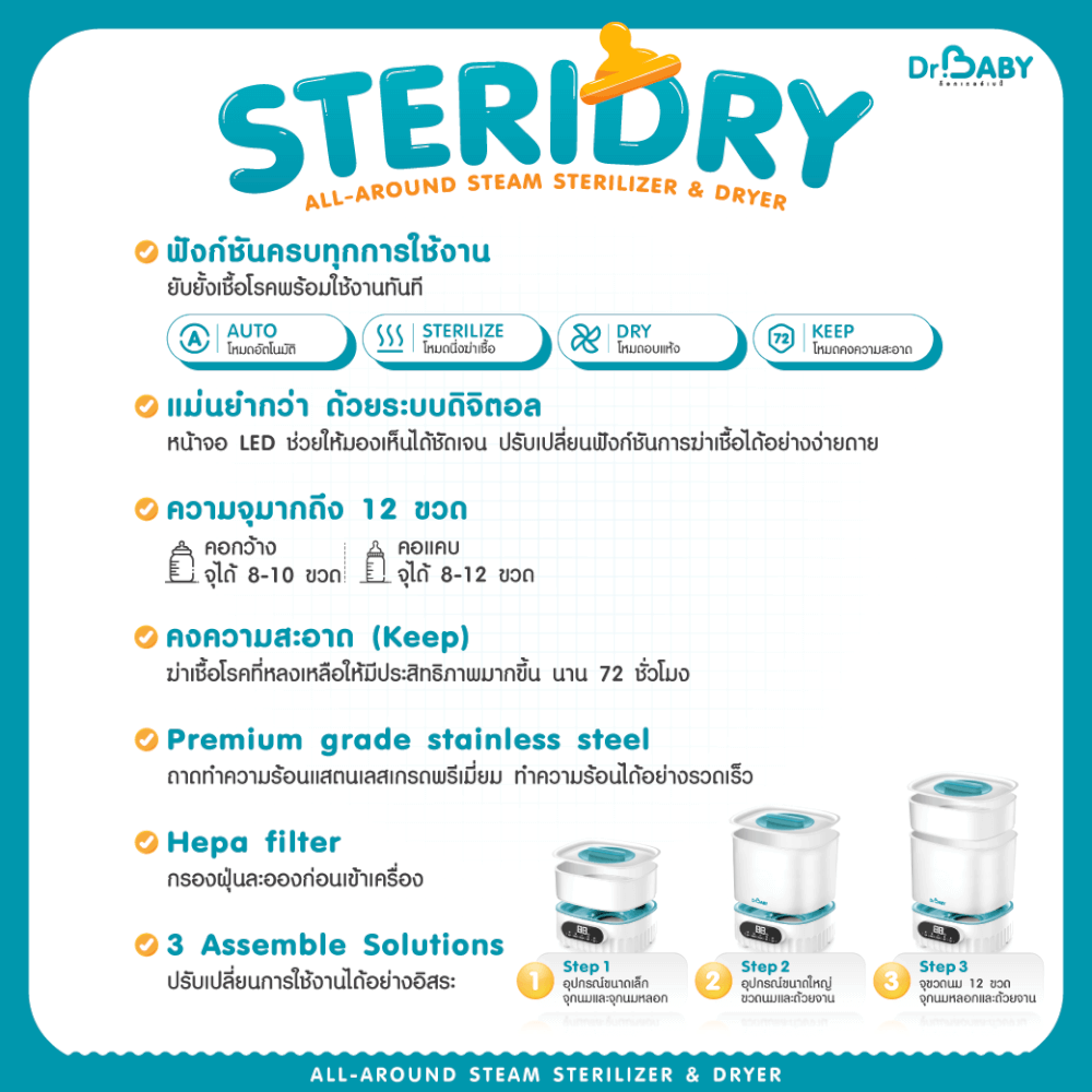 เครื่องนึ่งขวดนม 2IN1 DR.BABY STERIDRY นึ่ง+อบแห้งอัตโนมัติ
