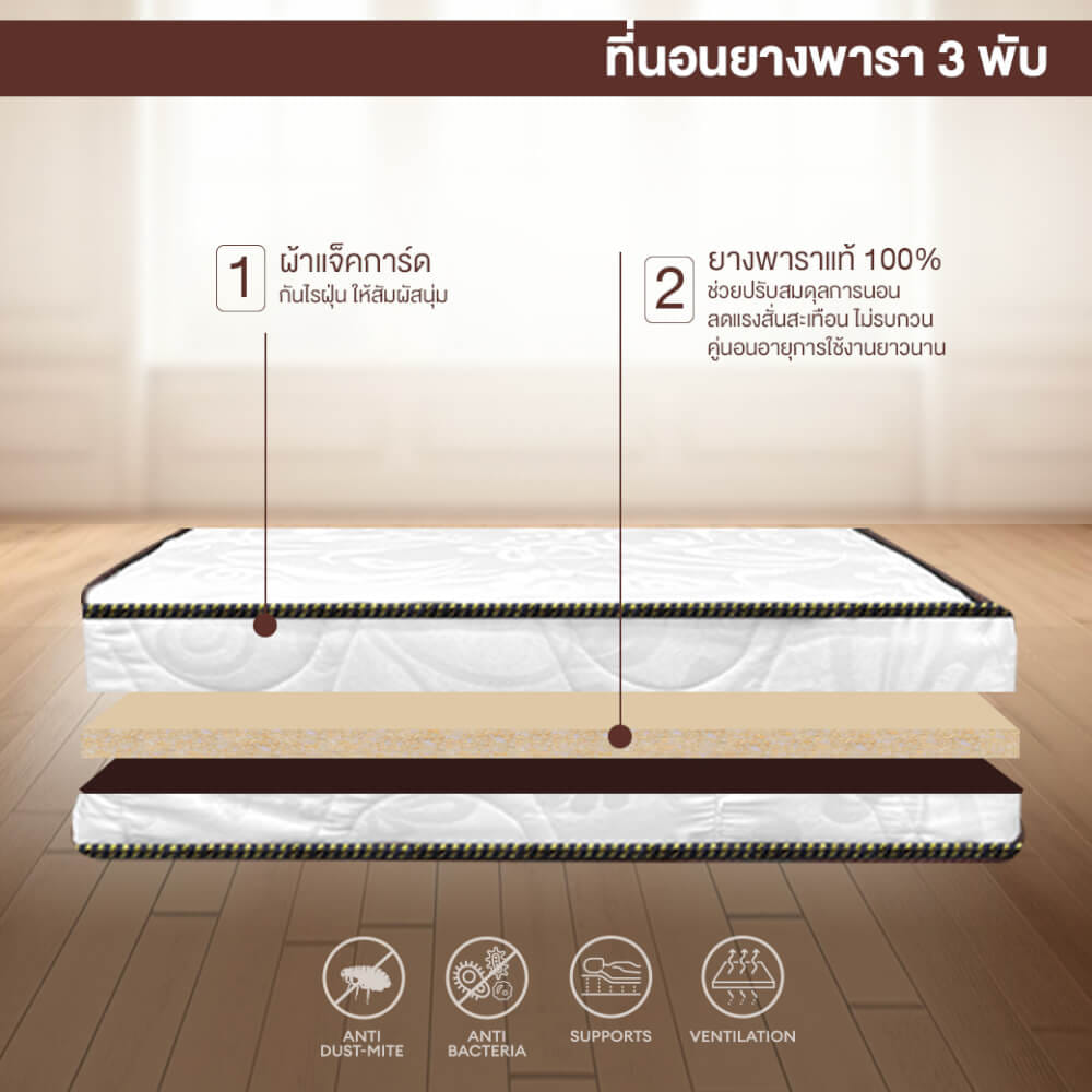 ที่นอนยางพาราแท้ 3 พับ 3 ฟุต BEDIUPREME หนา 2 นิ้ว
