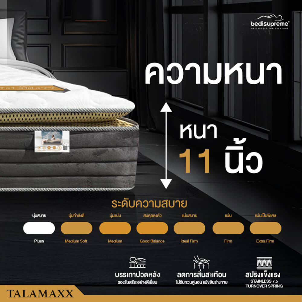 ที่นอนยางพาราอัลตร้าไฮบริด 6 ฟุต BEDISUPREME รุ่น TALAMAXX หนา 11 นิ้ว