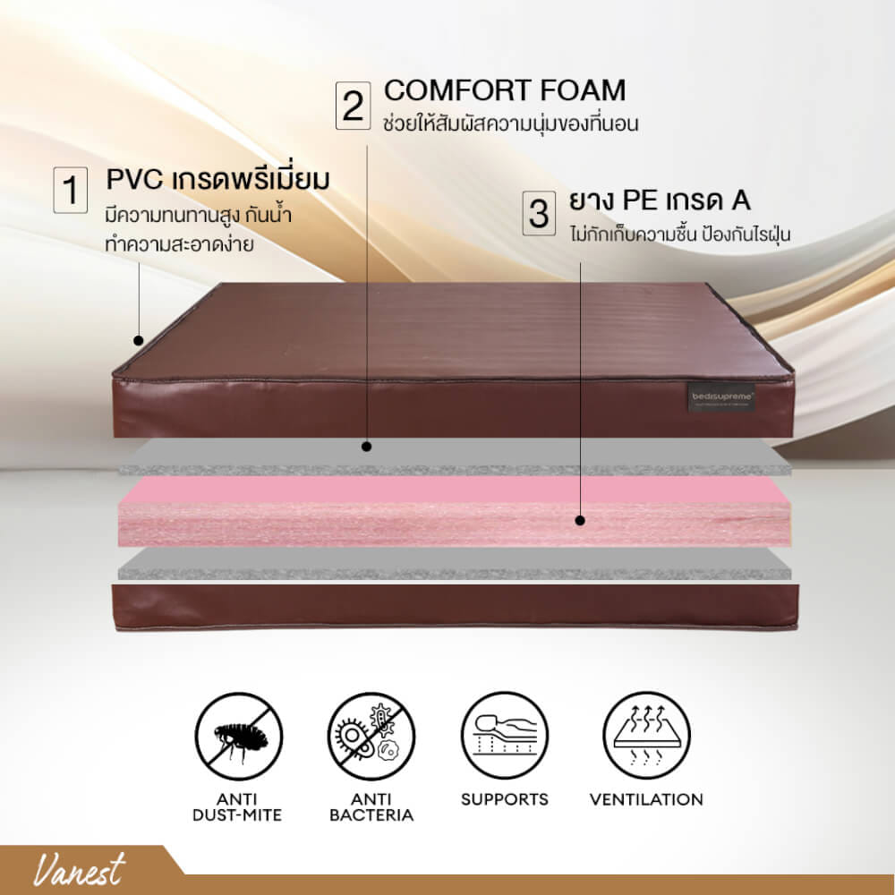 ที่นอนยางPE 3.5 ฟุต BEDIUPREME หุ้มหนังPVC สีน้ำตาล รุ่น VANEST หนา 6 นิ้ว