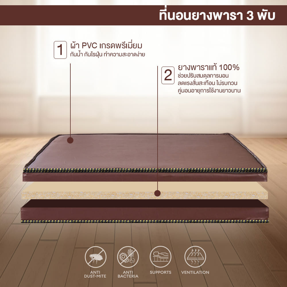 ที่นอนยางพาราแท้ 3 พับ 6 ฟุต BEDIUPREME หุ้มหนังPVC หนา 2 นิ้ว