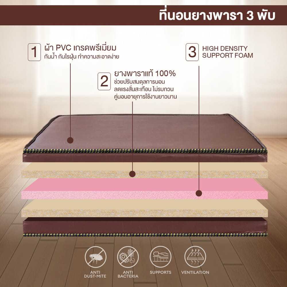 ที่นอนยางพาราแท้ 3 พับ 3 ฟุต BEDIUPREME หุ้มหนังPVC หนา 4 นิ้ว