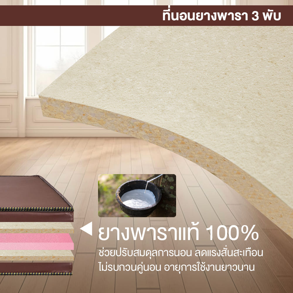 ที่นอนยางพาราแท้ 3 พับ 3 ฟุต BEDIUPREME หุ้มหนังPVC หนา 4 นิ้ว