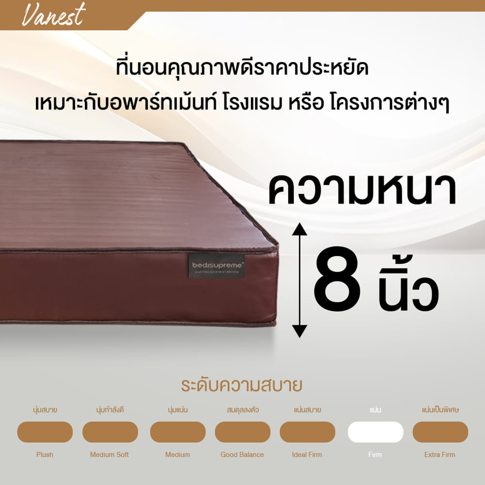 ที่นอนยางPE 5 ฟุต BEDIUPREME หุ้มหนังPVC สีน้ำตาล รุ่น VANEST หนา 8 นิ้ว