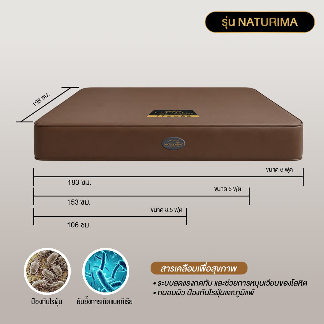 ที่นอนยางพาราแท้ BEDISUPREME ขนาด 3.5 ฟุต หุ้มหนังPVC รุ่น NATURIMA หนา 6 นิ้ว_8