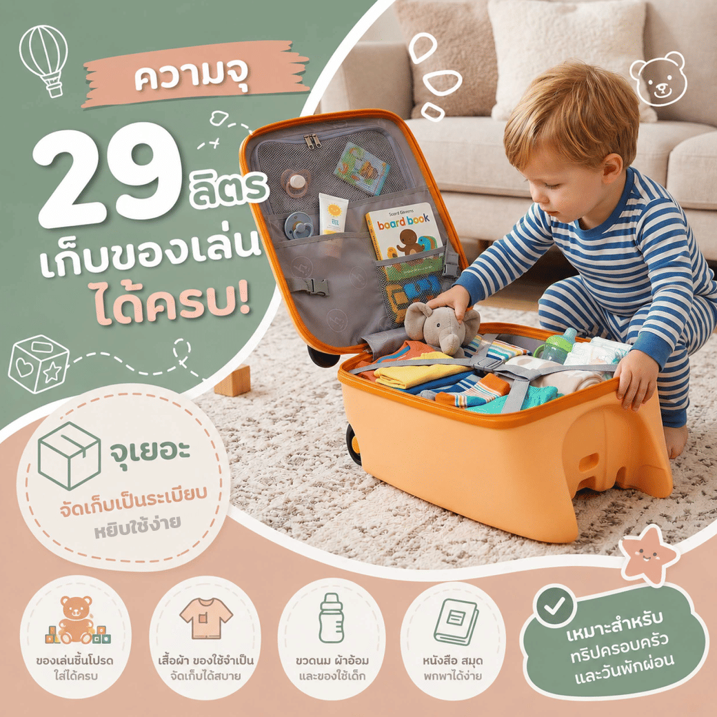 กระเป๋าเดินทางให้เด็กนั่งขี่ได้ (18 นิ้ว) MONOWHEEL RUMO RIDE-ON SUITCASE ลายเสือ (TIGER) ประกันสูงสุด 1 ปี_7