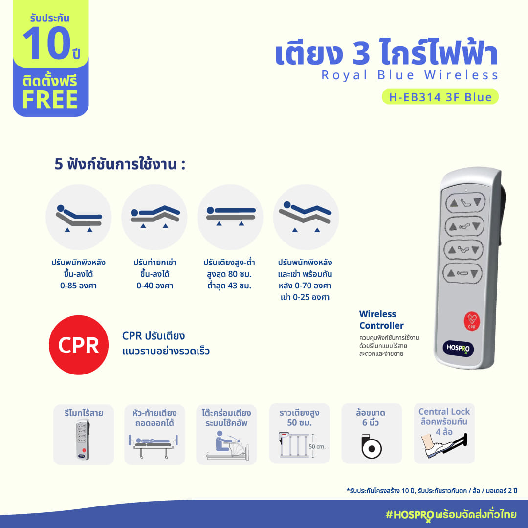 เตียงผู้ป่วยไฟฟ้า HOSPRO รุ่น H-EB314 3F 3 ไกร์ 3 ฟังก์ชัน 12 คอลัมน์_2