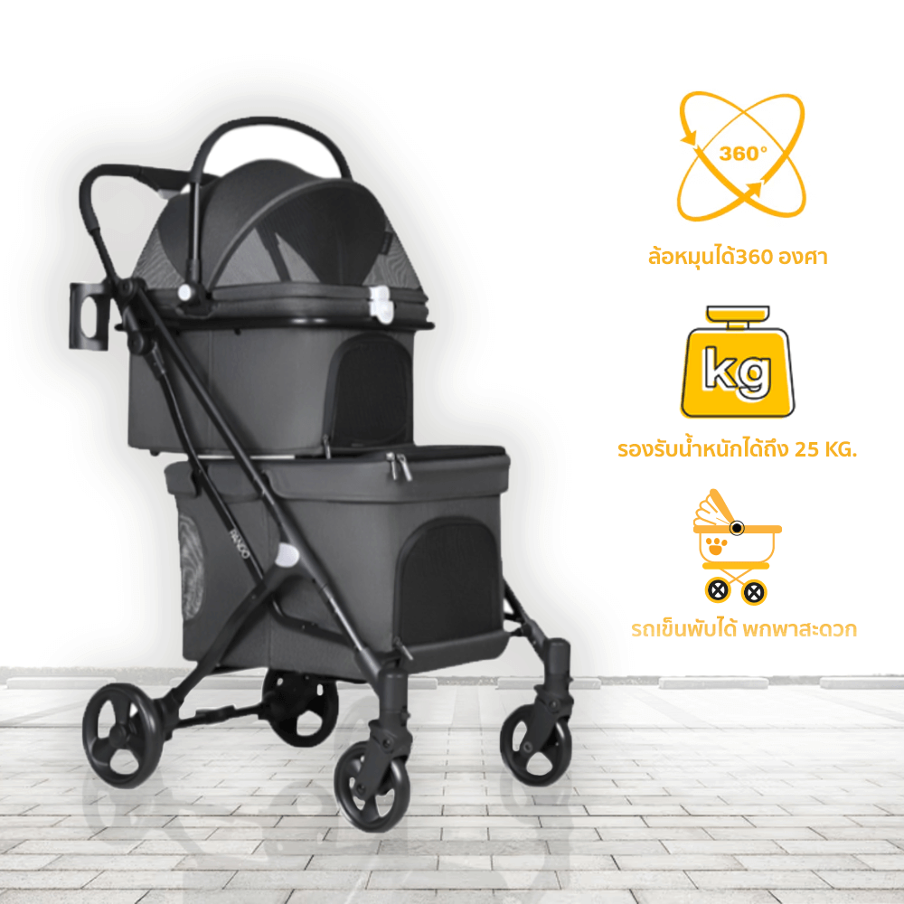รถเข็นแบบสองชั้นสำหรับสัตว์เลี้ยง THAI SUN SPORT รุ่น PET0041 สีดำ