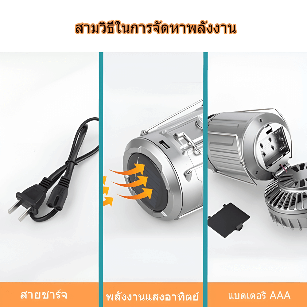 โคมไฟตั้งแคมป์ไฟฉาย + พัดลมไฟฟ้า SOLAR 3IN1 THAI SUN SPORT รุ่น CP0039