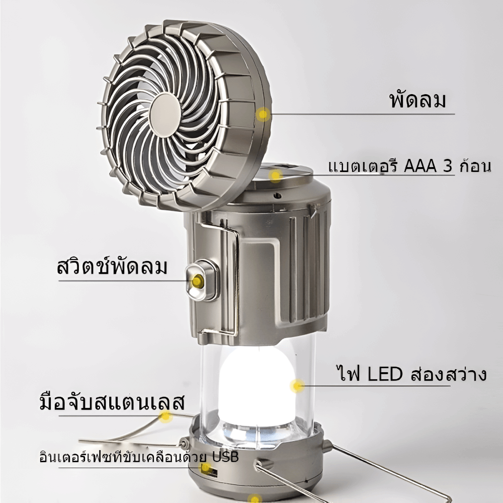 โคมไฟตั้งแคมป์ไฟฉาย + พัดลมไฟฟ้า SOLAR 3IN1 THAI SUN SPORT รุ่น CP0039